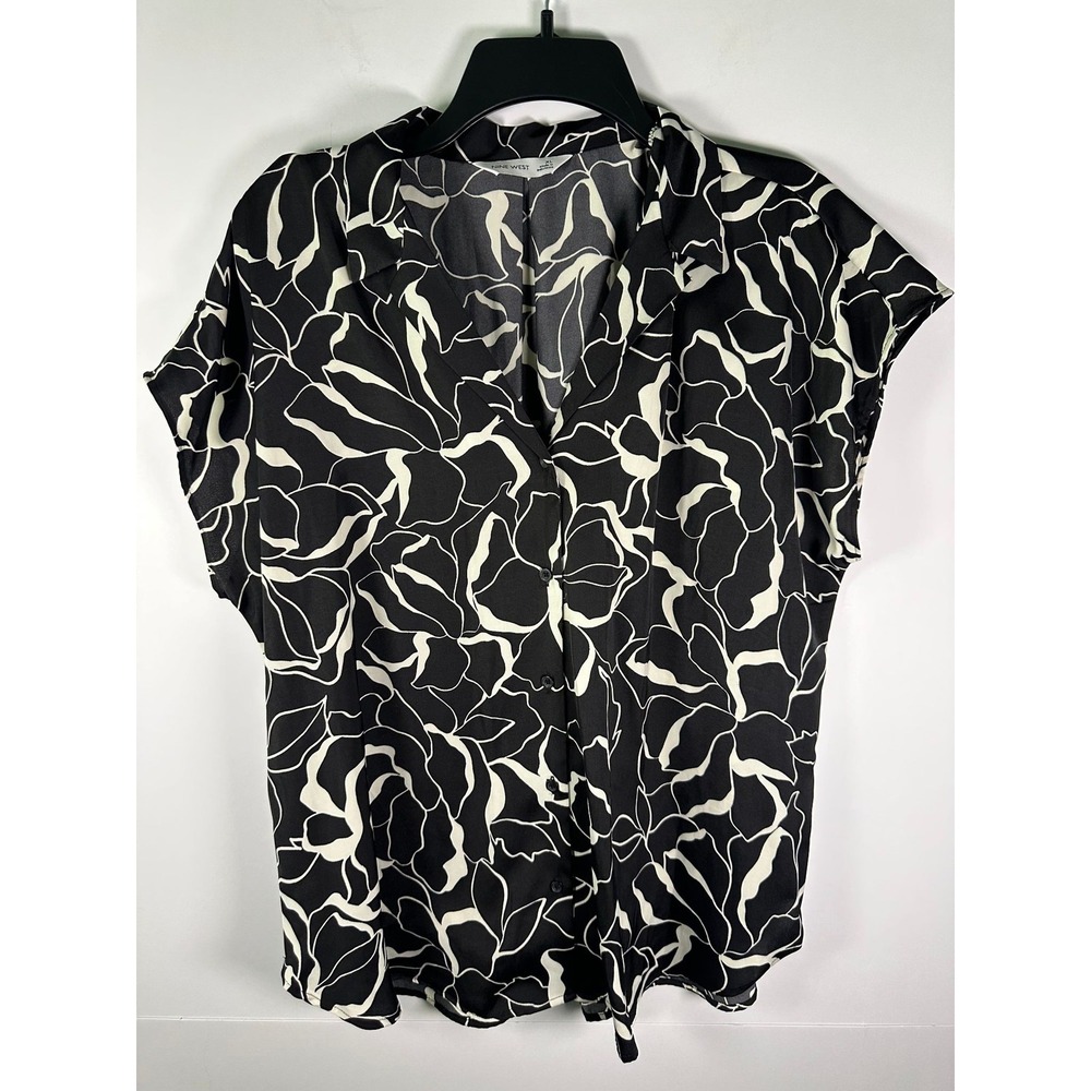 Nine West Blouse Womens XL Black White Floral Short Sleeve Button Front Top